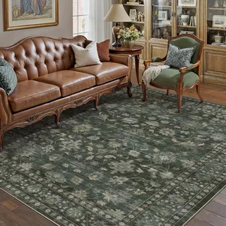 PureCozy Waschbarer Grün Teppich 160x230cm Wohnzimmer Blumenmuster kurzflor rutschfest Weich Bumen Boho Vintage Teppiche für Schlafzimmer Küchen Esszimmer Bedroom Living Room