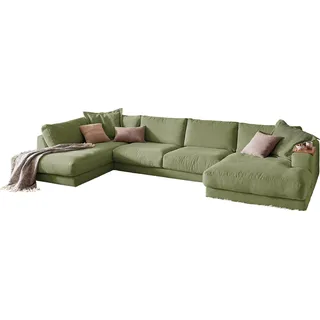 KAWOLA Sofa MADELINE Wohnlandschaft U-Form Cord olivgrün Longchair rechts - Grün