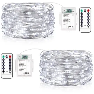 LED Lichterkette Batterie Kaltweiß, 2x10M 100LEDs Kupferdraht Lichterketten Akku 8 Programm mit Timer Wasserdicht DIY Weihnachten Lichterkette Innen für Zimmer, Garten, Balkon, Hochzeit