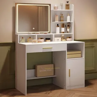 Schminktisch mit Spiegel und LED-Licht, Weiß, mit 3 Ablagen, 4 Fächern, Schublade und Schrank