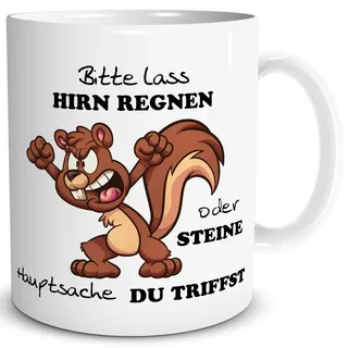 TRIOSK Tasse Eichhörnchen mit Spruch lustig Lass Hirn Regnen Geschenk Spaßtasse für Arbeit Büro Männer Frauen Freunde Kollegen, Keramik 300ml