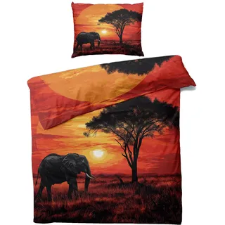 MOBEITI Afrika Bettwäsche 135x200, Sonnenuntergang Elefant Wendebettwäsche - Deko & Geschenke, Weiche Mikrofaser Bettbezug Set 2teilig, 1 Kissenbezug 80x80, mit Reißverschluss, Afrikanisches Design
