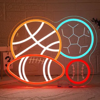 Looklight Neon Schild, LED Schild mit Fußball Basketball Baseball Football, 4 Bälle Neonschild für Wanddeko, Leuchtschild für Kinderzimmer Schlafzimmer, Geschenk für Ballsport-Enthusiasten, 37x29cm