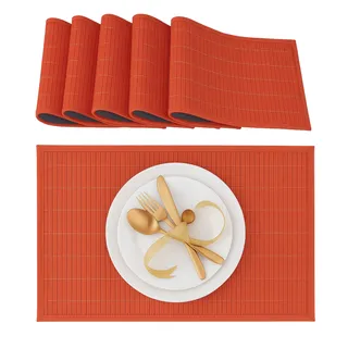 Relaxdays Tischset, 6er Set, Bambus, Stoffrand, rutschhemmend, 45 x 30 cm, Teller, Esstisch, eckiges Platzset, rot