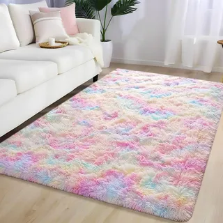 AIMECO Bunter Regenbogenfarben Hochflor Teppich 160X250cm| Flauschig Anti-Rutsch Kinderteppich, Skandinavischer Stil, Ideal für Kinderzimmer & Mädchenzimmer