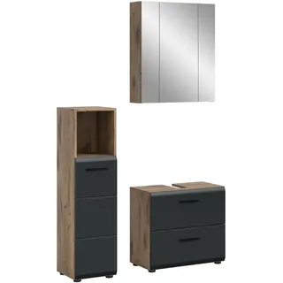 xonox.home – 3 TLG. Badezimmerkombination Ice 105x185x30 cm in Korpus Nox Oak Nachbildung und Front schwarz matt – Hochwertige Badmöbel-Kombi – modern, pflegeleicht & edel