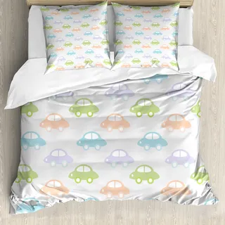 ABAKUHAUS Auto Bettbezug, Pastell Cars Pattern, Milbensicher Allergiker geeignet mit Kissenbezügen, 200 cm x 200 cm - 80 x 80 cm, Mehrfarbig