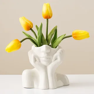 DHYXZCA Weiße Keramik-Gesichtsvase, weibliche Form Kopf Halbkörper Büste Vasen Boho Feministischer Minimalismus Dekorative Moderne nordische Stil Blumenvase für Zuhause Wohnzimmer Büro Buch Regal