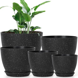 LOMOHOO Kunststoff Blumentopfe 21.5/19/16/14/12.5cm,5er-Set Plastik Übertopf mit Mehrere Ablauflöchern,Rund Bumentöpfe Für Innen Garten Pflanzgefäße Schwarz