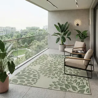 VIMODA In- und Outdoor Flachgewebe Terrassen & Balkon Garten Küche, Teppich Blumen Design Grün Waschbar,Maße:Ø 200 cm Rund
