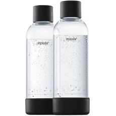 Mysoda: Wiederverwendbare Plastik BPA-frei Wasserflasche für Wassersprudler mit Quick-Lock, Holzkomposit Details, 2 x 1L - Schwarz