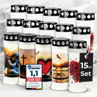 15 er Set EMILAS GRABKERZEN 7 Tage Brenndauer – Trauerkerzen für ein stilvolles Grabdeko – Grabschmuck mit 5 Motiven – Grablichter mit Deckel – Friedhofskerze für Ruhestätten