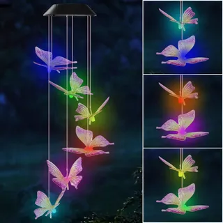Hianjoo Solar Windspiel für Draußen Gartendeko, LED Solar Windspiele Schmetterling, Geburtstagsgeschenke für Frauen, Hängeleuchte Deko für Garten [Lila/Gelb Farbe]