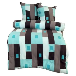 Thermofleece Warme Winterbettwäsche Kariert Türkis Grau gestreift Schlafzimmer Garnitur Set Bezug Decke, 4-teilig, 155x220 cm
