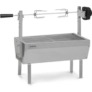 Klarstein 2-in-1 Rotisserie Grill mit Motor, Mini-Grill mit Drehspieß, Elektrischer Spießgrill für Hähnchen & Spanferkel, Grill mit Motor, Spieß Grill mit Edelstahl-Rost, Holzkohlegrill mit Rollen - Silber