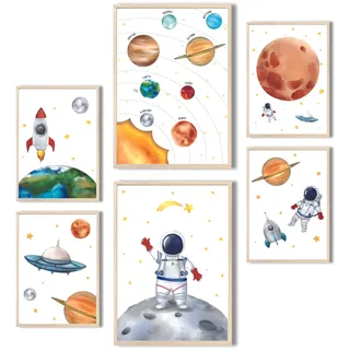MeinBaby123® Kinderzimmer Poster Astronaut | 6er Set Poster Set 2x DIN A4 & 4x DIN A5 | Weltall Raketen Planeten | Kinderzimmer Deko Mädchen Junge | Babyzimmer (Astronaut V2)