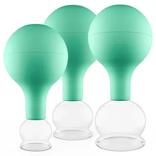 PULOX Schröpfgläser Set aus Echtglas mit Saugball - 3x Medizinisches Schröpfglas in Grün - 25mm, 32mm, 40mm