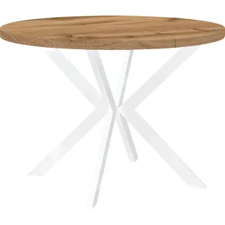 Esstisch rund Ausziehbar, ENDIK Durchmesser: 90/140 cm, mit Metallbeinen, Loft-Stil, Industriel,  Farbe: Eiche Wotan / Weiß - Braun, Weiß
