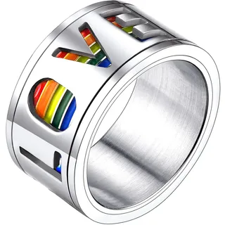 Bandmax Herren Homosexuell Bandring Edelstahl Größe 62 Love is Love LGBT Spinner Ring 11mm breit Ring für Männer Regenbogen Ring Lesbian Pride Trauring Fingerring für Hochzeit Verlobung