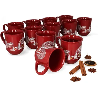 MamboCat 12er Set Glühweinbecher 0,2L mit Eichstrich I Klassische Weihnachtsmarkt Tasse mit Wintermotiv I Glühweintassen mit Henkel I Profi Gastronomiebedarf Feuerzangenbowle Becher aus Keramik rot
