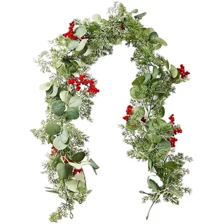Weihnachtsgirlande, 180 cm Tannengirlande mit Eukalyptus und roten Beeren, Lange Girlande für Weihnachtsdeko Outdoor, perfekt für Balkon, Türrahmen oder Kamin, Christmas Garland Treppen Outdoor Deko