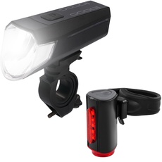 FISCHER Fahrrad-Beleuchtungsset 80/40/20 Lux, -Leuchtenset TWIN, Front- und 360° Rückleuchte, mit Akku und USB-Ladefunktion, 3 Leuchtfunktionen, Spritzwasserschutz nach IP44, StVZO-zugelassen