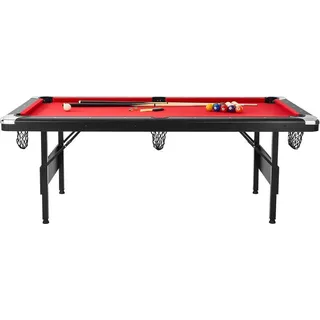 Billardtisch, 7-Fuß-Pooltisch, tragbarer, platzsparender Klapptisch, Billardtisch-Set inklusive Kugeln, Queues, Kreide und Bürste, schwarz mit rotem Tuch, ideal für das Familien-Spielzimmer, Kinder und Erwachsene