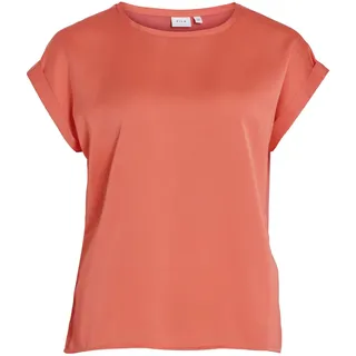Vila Damen Satin Blusen T-Shirt Kurzarm Basic Rundhals Top Glänzend Tunika Blouse Oberteil VIELLETTE, Farben:Coral Pink, Größe:34