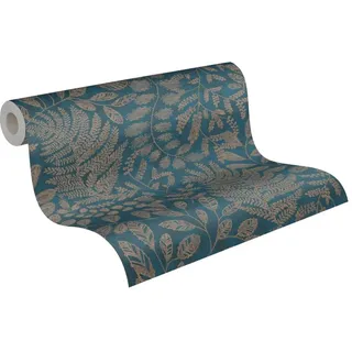 A.S. Création Vliestapete mit floralem Muster 0,53 x 10,05 m – Blau, Gold, Türkis – Tapete mit Blättermotiv Made in Germany – 388304