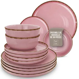 Steingut Geschirrset 12 Personen Rustic 36 tlg. TESTSIEGER, Hochwertiges Landhaussttil Steingut Geschirr Set, Schüssel- und Teller Set, Tafelservice 12 Personen, Geschirrsets Pure Living in Rose