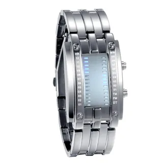 JewelryWe Paar Uhren Digitaluhr Silber Edelstahl Binäre Uhr Rechteck Bezel LED Sportuhr Blau LED Licht Kalender Mode Cool Partner Armbanduhr für Herren