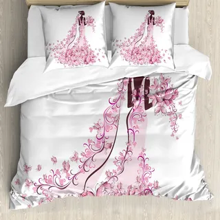 ABAKUHAUS Hochzeit Bettbezug, Floral-Brautkleid, Milbensicher Allergiker geeignet mit Kissenbezügen, 200 cm x 200 cm - 80 x 80 cm, Pale Pink Kastanienbraun Weiß