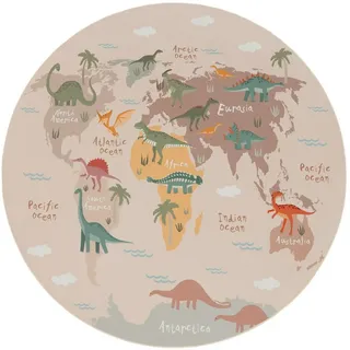 TT Home Kinderteppich Dino Beige Ø 200 cm , Multicolor , Kunststoff , 200x200 cm , Teppiche und Böden, Teppiche, Kinderteppiche