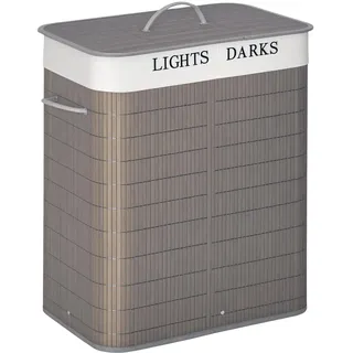 Homcom Bambus Wäschekorb schmal mit Deckel 100L Wäschesammler mit Griffen, 2 herausnehmbarer Wäschesack, Laundry Baskets Wäschebox für Waschküche, Schlafzimmer, Badezimmer Grau