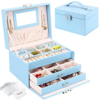 Schmuckkasten, Schmuckkästchen mit Schubladen für Damen Mädchen, PU-Leder Schmuckbox Schmuckschatulle Groß Schmuck Organizer für Ringe Ohrringe Armbänder Halsketten, Himmelblau