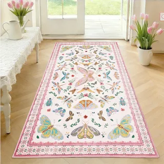 Alishomtll Teppich Läufer 80x150 cm, Rosa Vintage Schmetterling&Insekt Teppich, rutschfest Waschbar Küchenteppich, Weich Kurzflor Flurläufer für Wohnzimmer Schlafzimmer Kinderzimmer Küche Eingang