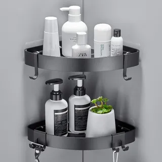 FIISAYL Duschablage Ohne Bohren Duschregal Ecke Badezimmer Organizer Badregal Duschkorb, Dusche eckregal mit 4 Haken Raumfahrt Aluminium Wandmontage Schwarz, 2 Stück