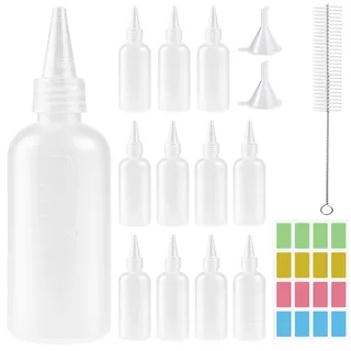 Ferenando 12 Stück Quetschflasche 100ml, Squeeze Flasche Klein, Dosierflasche 100ml, Soßenflaschen mit Reinigungsbürsten Aufkleber Trichter, Spritzflaschen für Küche Sauce, Soßen, Öle, Pigment