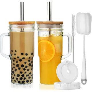 ALINK 2pcs 710ML Becher mit Griff,Aktualisierte Deckel und Strohhalm - wiederverwendbare Mason Jar Trinkgläser für Eiskaffee, Smoothies, Bier, Saft und Tee - mit 2 Bürsten