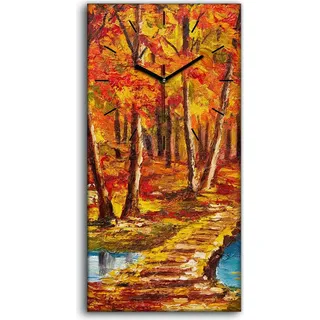 Dekor Leinwand Uhr Wandbilder Quarz 30x60 Bäume Wald Brücke Herbst Wasser See - schwarze Hände - Gelb