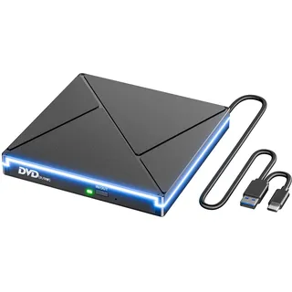 Externes CD DVD Laufwerk mit RGB, USB 3.0 & USB-C CD/DVD Laufwerk Extern, CD DVD +/-RW ROM Brenner Optical External DVD Drive für Laptop, PC, Desktop, MacBook, iMac, Windows 11/10/8/7/XP/Linux/MacOS