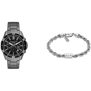 Armani Exchange Herrenuhr Grau und Armband Silber, Edelstahl, Set