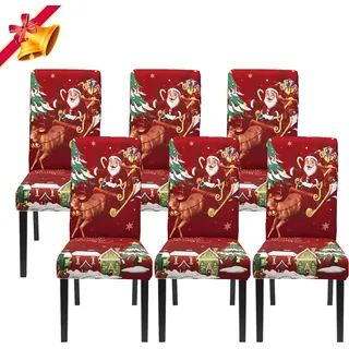 Jaotto Stuhlhussen Universal - 6er Set Stretch Schwingstühle Elastische Langlebig für Feiertagsdekoration Weihnachten (Rotwein/Xmas, 6 Stück)