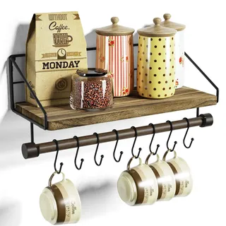 Alsonerbay Wandregal Wandmontage Schweberegal mit 8 abnehmbaren Haken und Handtuchhalter Wandboard Holz für Küche Wohnzimmer Badezimmer, Braun