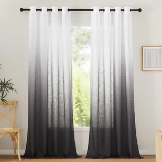 PONY DANCE Extra Lange Gardinen und Vorhänge für Wohnzimmer Deko Farbverlauf Gardienen 2-Set H 260 x B 140 cm Ösenvorhang Weiss Halbtransparent Vorhang Leinenoptik Schwarz