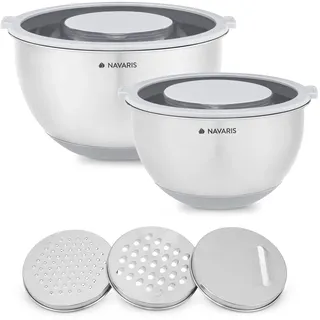 Navaris Edelstahl Schüssel Schale mit Deckel - 2x Rührschüssel Salatschüssel - inkl. 3x Reibe - Set Edelstahlschüssel Schüsselset in Grau