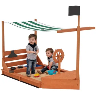 Outsunny Sandkasten Sandkiste groß mit Abdeckung im Schiff Design Matschekiste aus Holz mit Sitzbänken, für Outdoor Garten Terrasse Balkon Grün