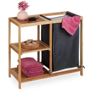 Relaxdays Wäschekorb Regal Bambus, 3 Ablagen, herausnehmbarer Stoffsack, HBT: 65x68x33 cm, Wäschesammler Bad, Natur/grau