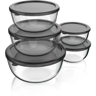 Arendo - Salatschüssel aus Glas mit Deckel - Glasschüssel 5er Set - 1000ml + 1500ml + 2000ml + 2700ml + 4400ml – Rührschüsseln klein bis groß – Borosilikatglas - Glasschale Salatglasschale