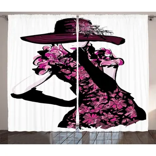 ABAKUHAUS Mode Rustikaler Vorhang, Frau im Blumenkleid, Wohnzimmer Universalband Gardinen mit Schlaufen und Haken, 280 x 260 cm, Fuchsia Schwarz - Schwarz